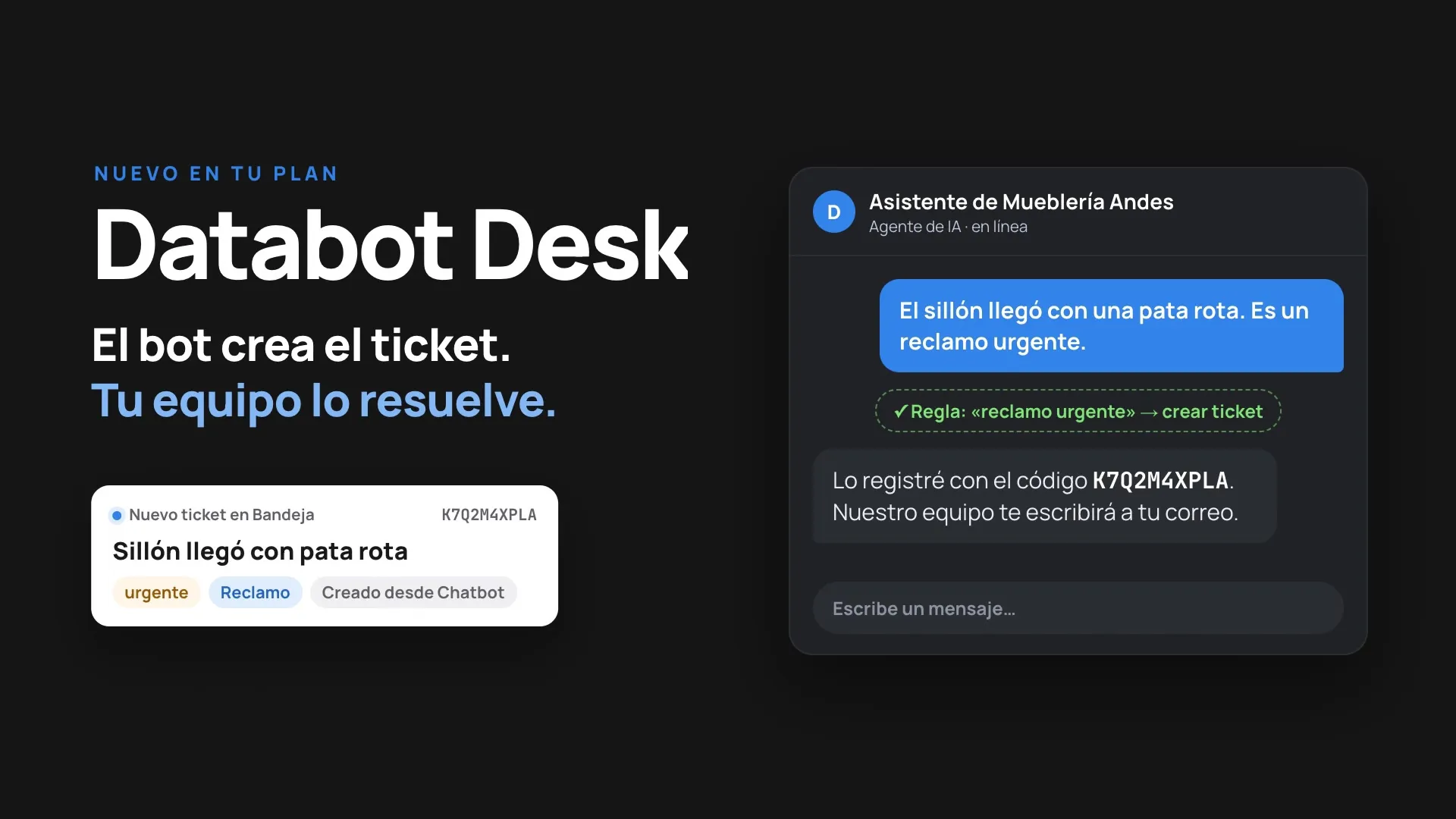 Databot Desk: the bot creates the ticket and your team resolves it. An urgent complaint about an armchair with a broken leg lands in the inbox with its tracking code