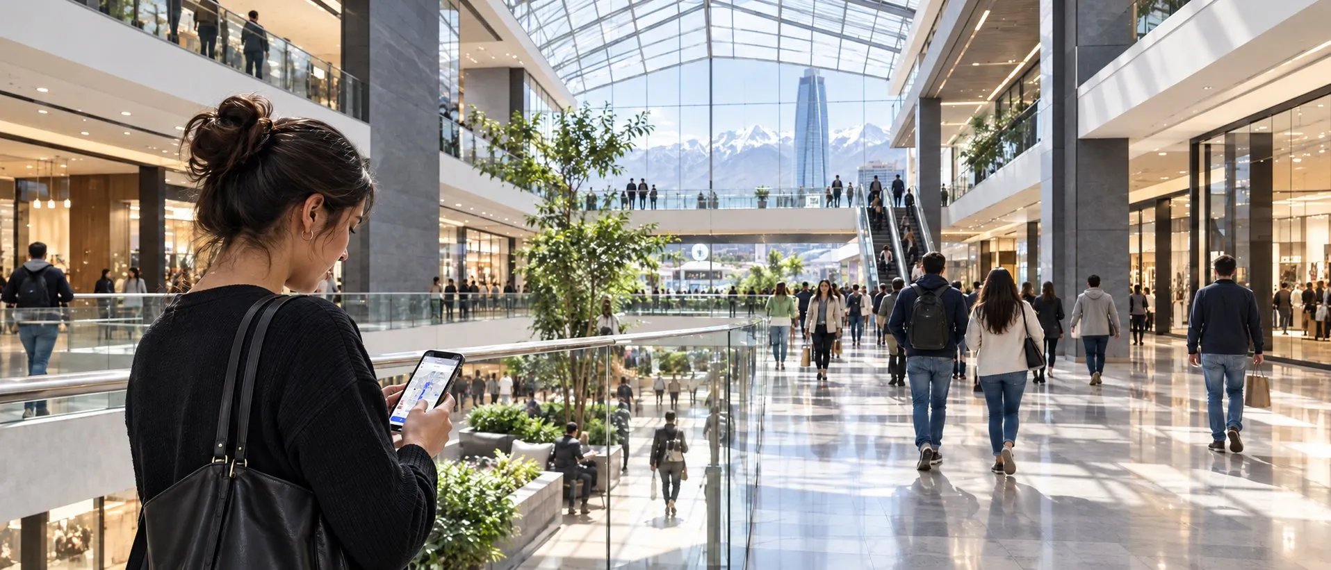 Pessoa usando o celular em um shopping center