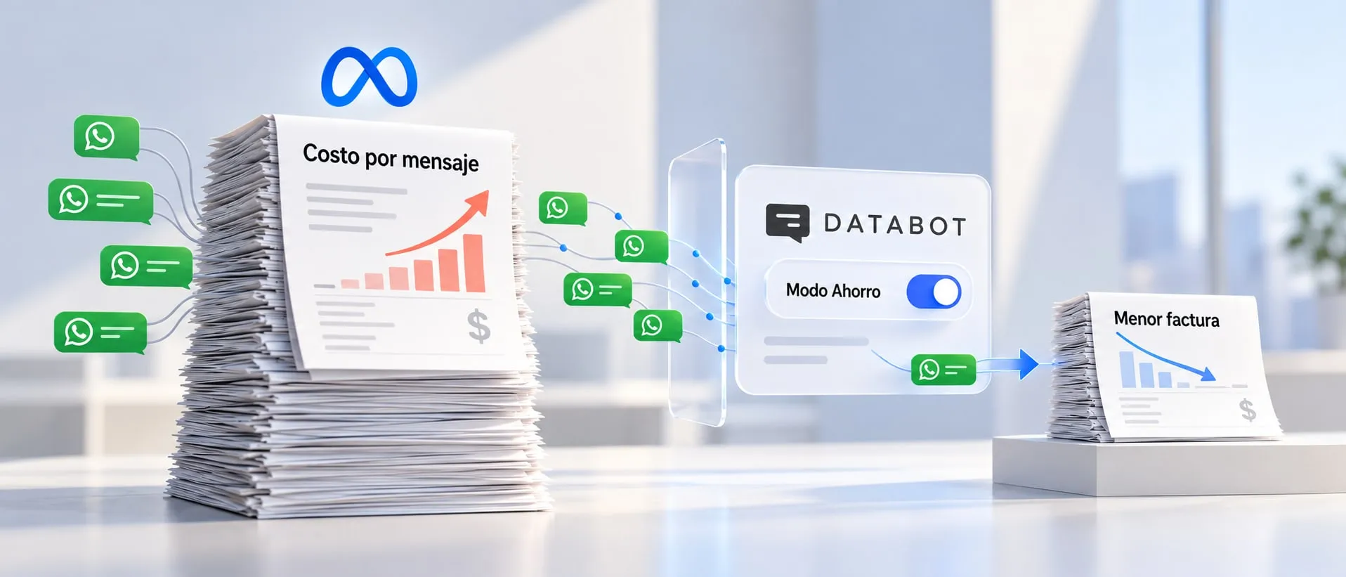 Mensajes de WhatsApp que inflan el costo por mensaje de Meta pasan por el Modo Ahorro de Databot y terminan en una factura menor